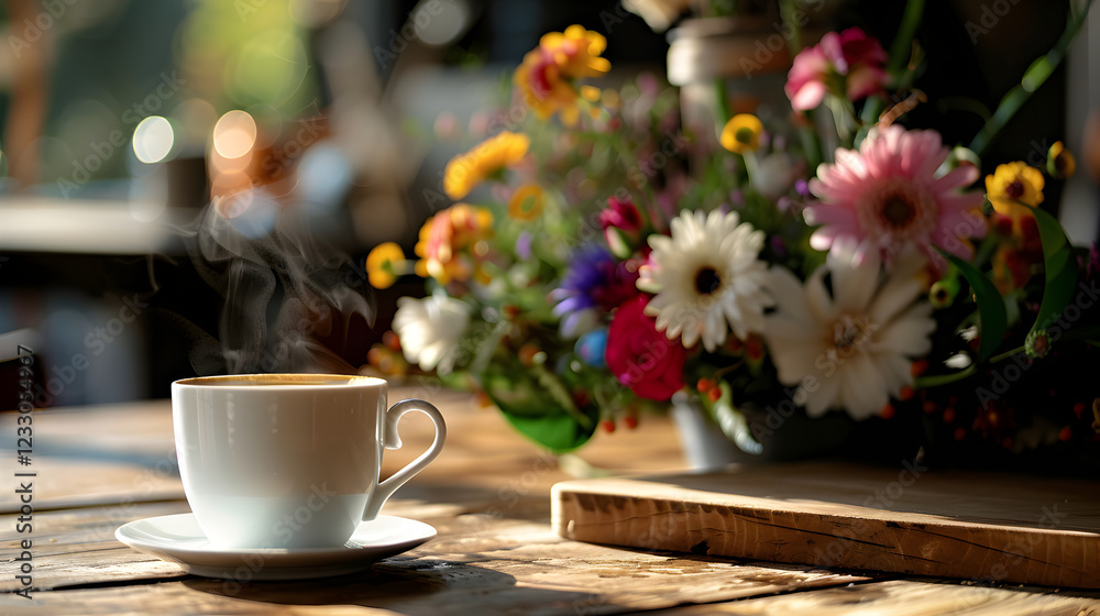 steaming cup of coffee beside vibrant flower arrangement steaming cup of coffee beside vibrant flower arrangement
