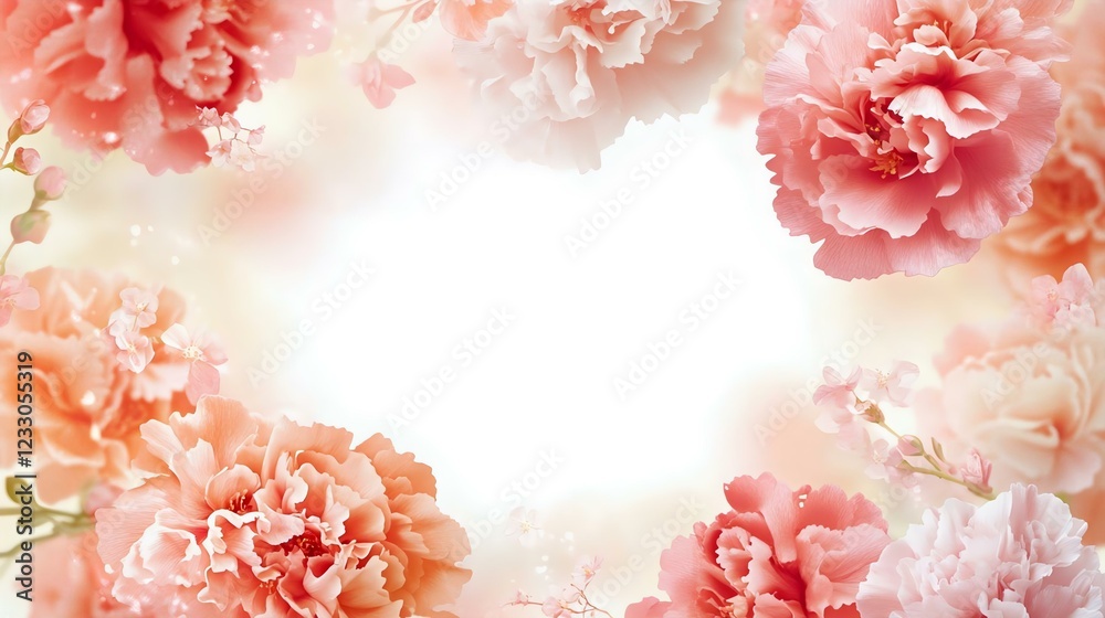 A beautiful floral arrangement of pink and peach carnations surrounds a white space, perfect for a wedding or romantic-themed design. A beautiful floral arrangement of pink and peach carnations surrounds a white space, perfect for a wedding or romantic-themed design.
