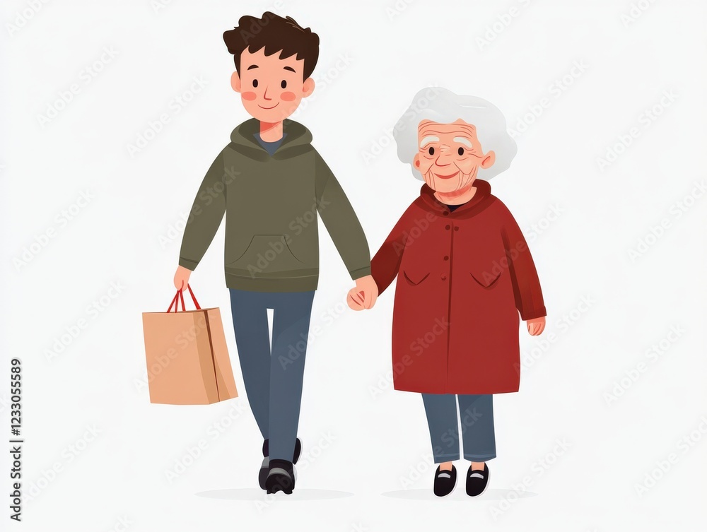 young man helping elderly woman with shopping young man helping elderly woman with shopping