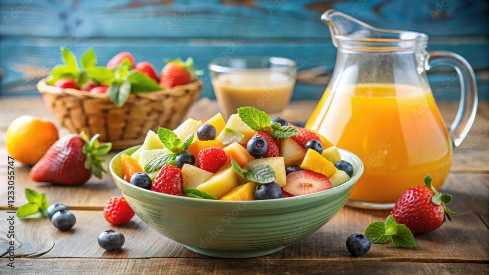 Fresh fruit salad in a bowl with a pitcher of freshly squeezed juice in the background, fruit salad, snack Fresh fruit salad in a bowl with a pitcher of freshly squeezed juice in the background, fruit salad, snack