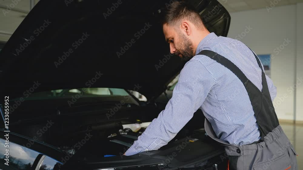 Auto mechanic repairing engine in modern vehicle workshop Auto mechanic repairing engine in modern vehicle workshop