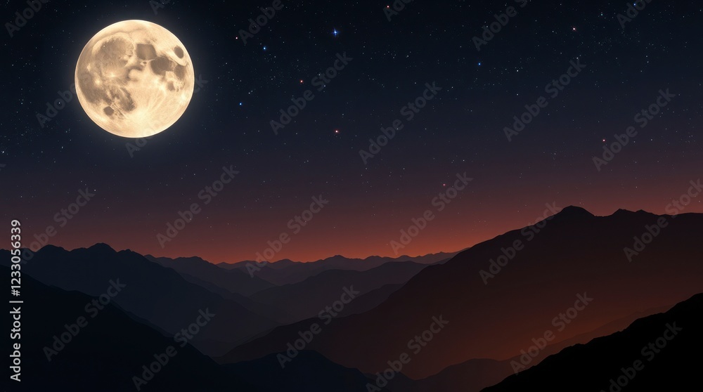 Giant moon, starry night sky, and a mountainous rock landscape. Futuristic art Giant moon, starry night sky, and a mountainous rock landscape. Futuristic art