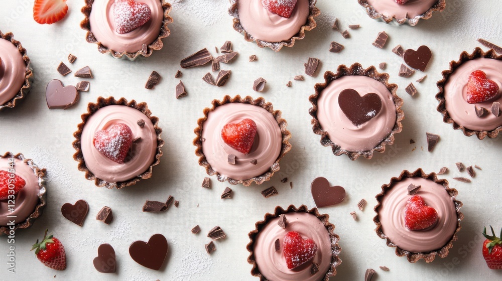 Delicate tartlets with strawberry mousse and chocolate hearts in a romantic flat lay. Pastel tones, scattered shavings, and diffused light create an artisanal, dreamy ambiance.