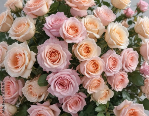 Freshly picked roses with a mix of pastel shades and soft petals tied in a beautiful bouquet , romantic gift, posy, bouquet with ribbon