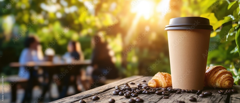 Coffee cup and croissants on wooden table, outdoor café scene with blurred people socializing in the background, warm sunlight creating a cozy atmosphere. Coffee cup and croissants on wooden table, outdoor café scene with blurred people socializing in the background, warm sunlight creating a cozy atmosphere.