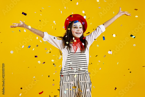 Happy girl dressed like mime under falling confetti on yellow background. Surprise party photo