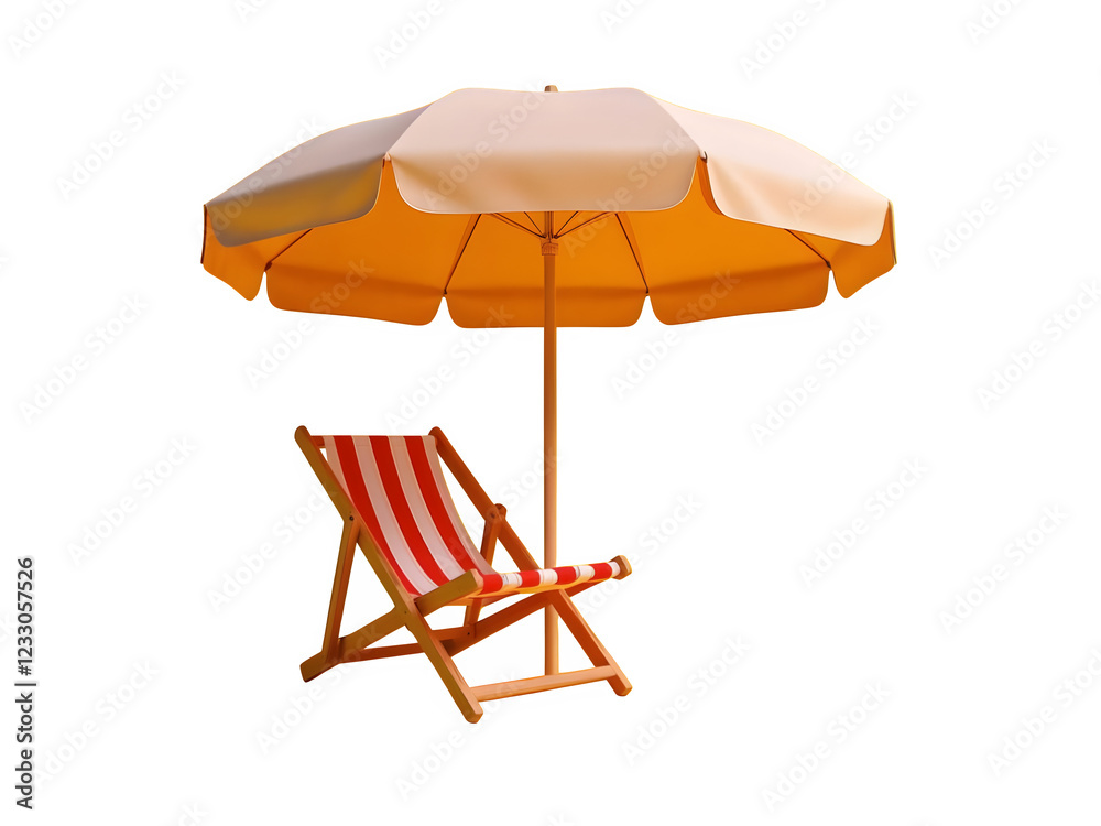 Front view Beach umbrella with chairs on yellow background. Summer vacation concept Front view Beach umbrella with chairs on yellow background. Summer vacation concept