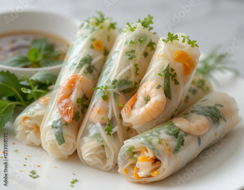 rolls with shrimp Healthy goi cuon served with sauce photo