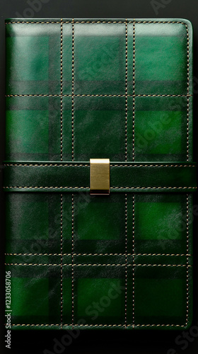 Elegant green leather planner with gold clasp detail on a dark background showcasing rich textures and craftsmanship