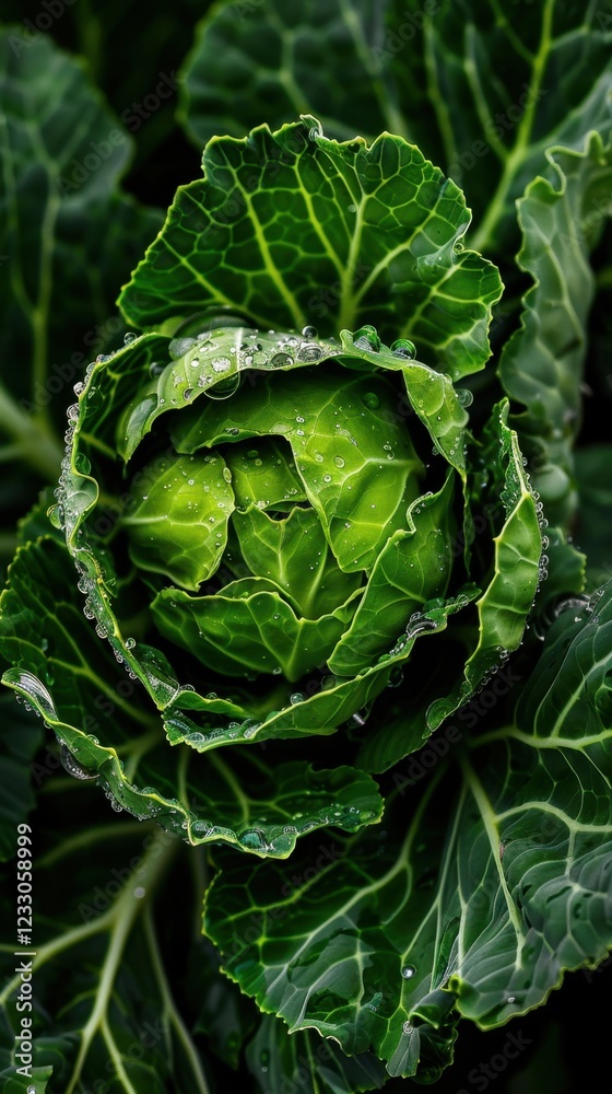 Obraz premium Fresh green cabbage with water drops in a garden setting. Brussels Sprouts and Cabbage Month