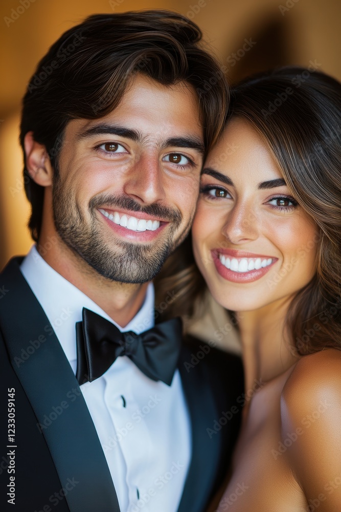 Couple in formal attire smiling at the camera, showcasing joy and elegance at a celebration or event. Perfect for wedding, engagement, or romance themes. Couple in formal attire smiling at the camera, showcasing joy and elegance at a celebration or event. Perfect for wedding, engagement, or romance themes.
