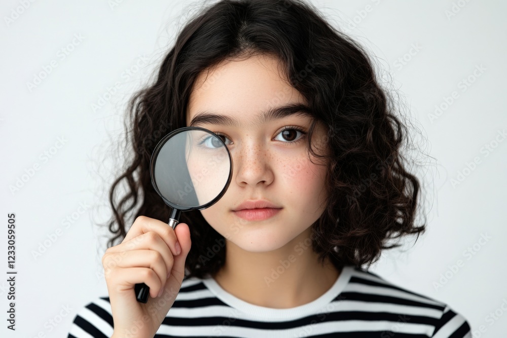 young girl looking through a magnifying glass young girl looking through a magnifying glass