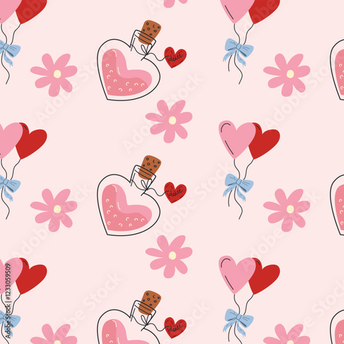 whimsical repeating pattern showcasing love potions, heart-shaped balloons, and playful pink flowers, perfect for Valentine’s Day, romantic designs, or sweet-themed stationery