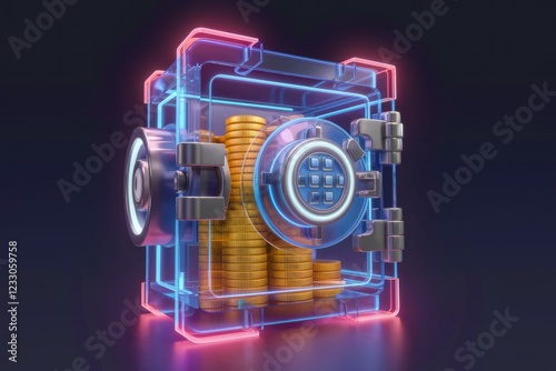 A transparent safe glowing with neon lights, filled with stacks of gold coins, symbolizing secure financial wealth. photo