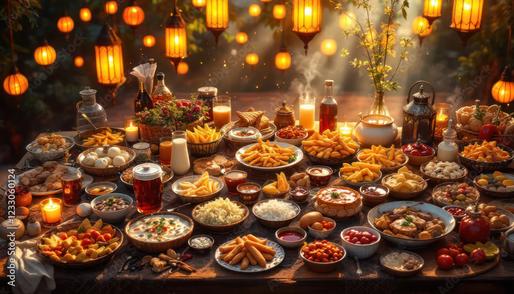A Lavish Feast Underneath the Enchanting Glow of Hanging Lanterns A Lavish Feast Underneath the Enchanting Glow of Hanging Lanterns