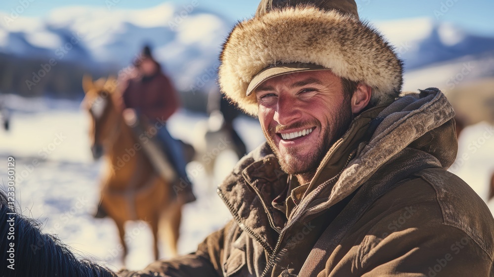 Obraz premium Cowboy smiling while riding horse in snowy mountainous landscape, showcasing outdoor adventure, winter activities, and rugged lifestyle in nature.