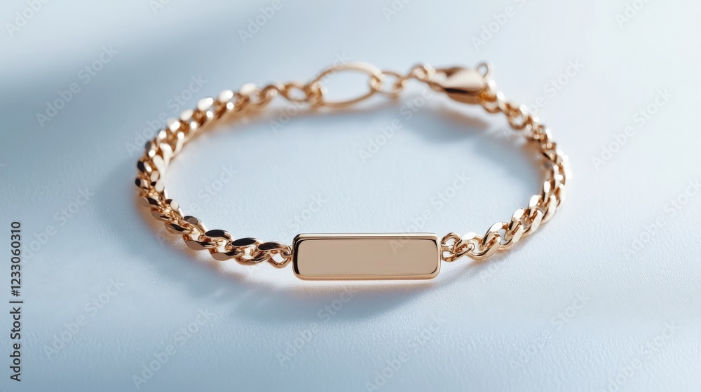 close up of a gold chain bracelet with a blank nameplate on a white background close up of a gold chain bracelet with a blank nameplate on a white background