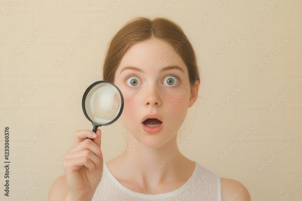 surprised young woman looking through a magnifying glass surprised young woman looking through a magnifying glass