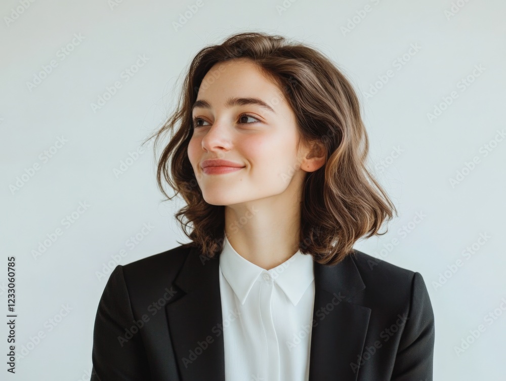 young professional woman in a blazer and white shirt smiles confidently young professional woman in a blazer and white shirt smiles confidently