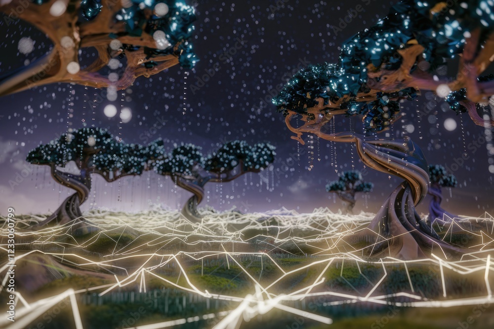 Ethereal, glowing trees in a digital landscape, illuminated by a network of lines, magical rain. Ethereal, glowing trees in a digital landscape, illuminated by a network of lines, magical rain.
