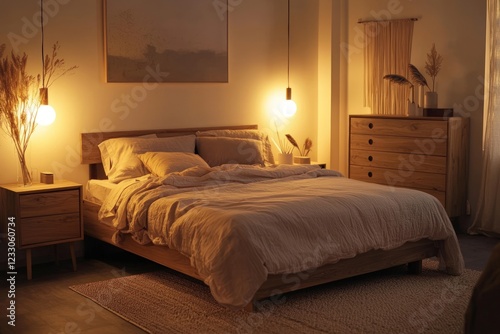 Cozy bedroom with soft lighting and minimalist wooden furniture.