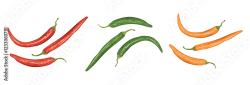 Chili red, orange and green hot pepper drawing. Spicy capsaicin dish. Vector set of vegetables for market.