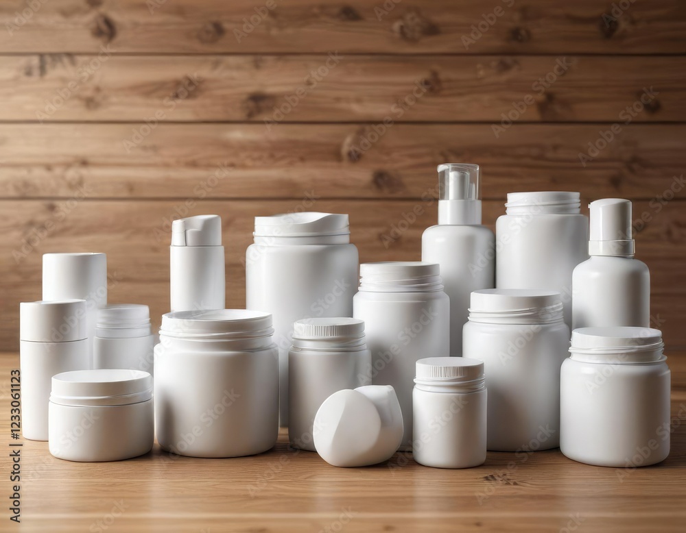 Collection of white cosmetic jars and tubes on wooden background, product display, branding, luxurious, packaging, clear labels Collection of white cosmetic jars and tubes on wooden background, product display, branding, luxurious, packaging, clear labels