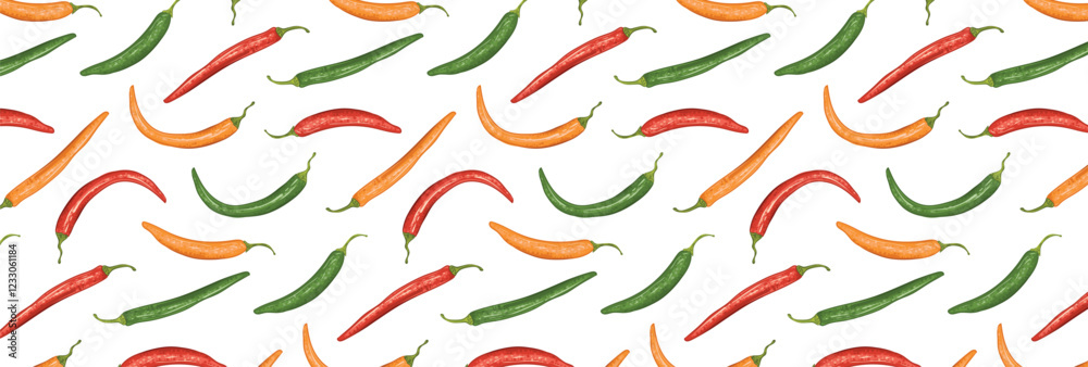 Pattern of Chili red, green and yellow pepper. Spicy capsaicin dish. Vector seamless background with hot vegetable. Pattern of Chili red, green and yellow pepper. Spicy capsaicin dish. Vector seamless background with hot vegetable.