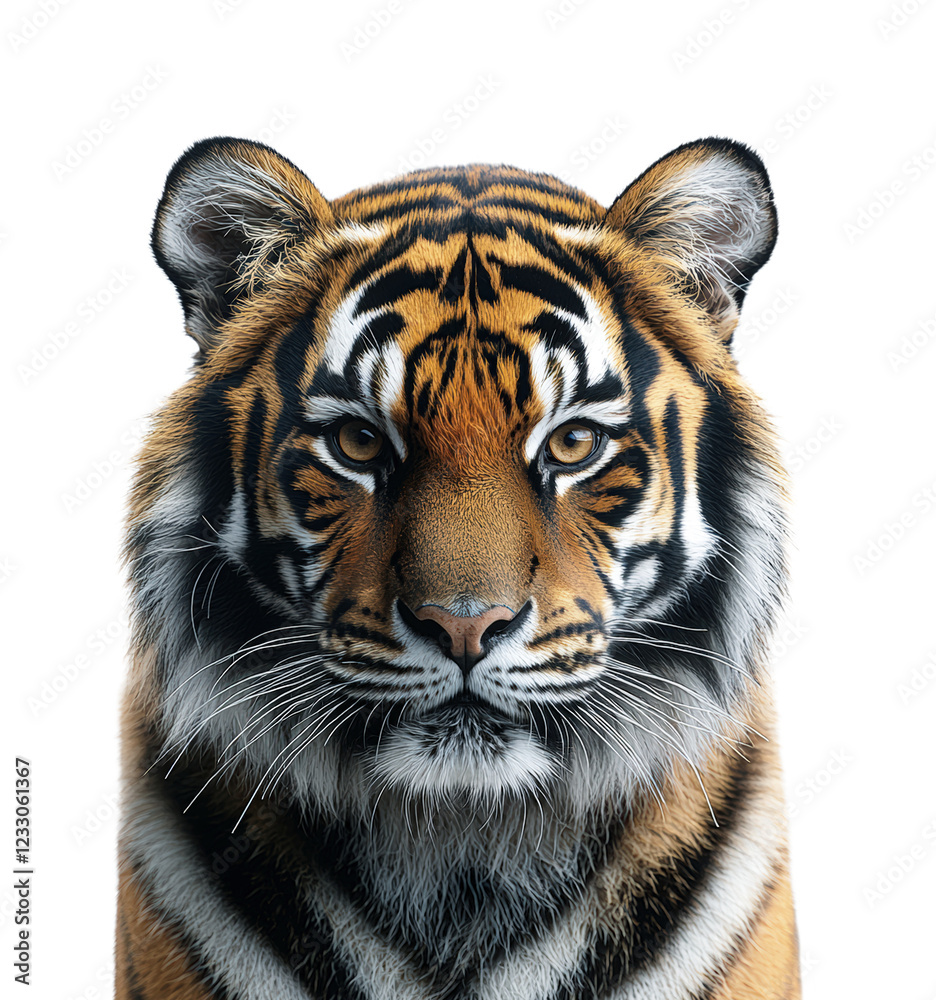 Obraz premium Majestic Bengal Tiger Staring Directly at Camera, Isolated on Transparent and White Background