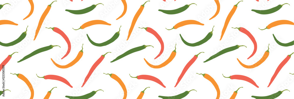 Pattern of Chili red, green and yellow pepper. Spicy capsaicin dish. Vector seamless background with hot vegetable. Pattern of Chili red, green and yellow pepper. Spicy capsaicin dish. Vector seamless background with hot vegetable.