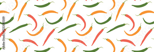 Pattern of Chili red, green and yellow pepper. Spicy capsaicin dish. Vector seamless background with hot vegetable.