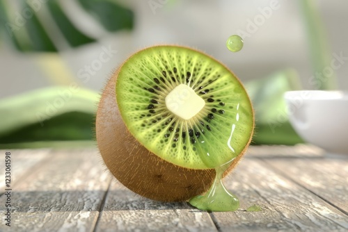 A juicy kiwi fruit slice with dripping juice, set against a blurred background of green leaves.