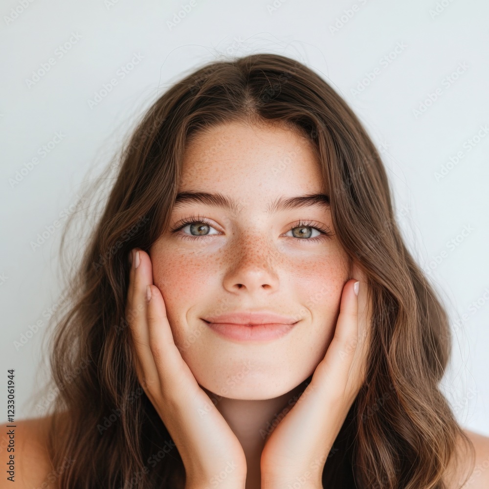 young woman with clear skin and long brown hair smiles at the camera