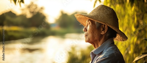 Elderly man wearing straw hat reflects by riverbank during sunset, capturing tranquility and connection with nature, symbolizing wisdom and peaceful living.