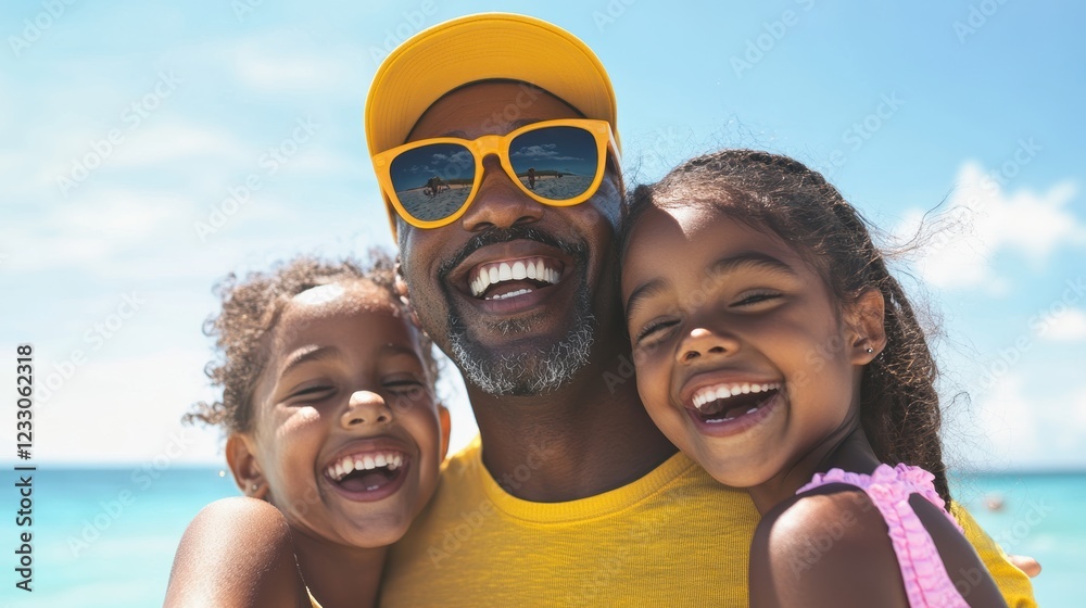 Obraz premium Family bonding at the beach with a joyful grandfather and two granddaughters, showcasing love, laughter, and summer memories under a clear blue sky.