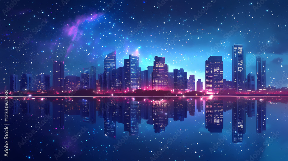 Skyline with skyscrapers reflecting the city energy under a starry sky. Starry Haven. Illustration