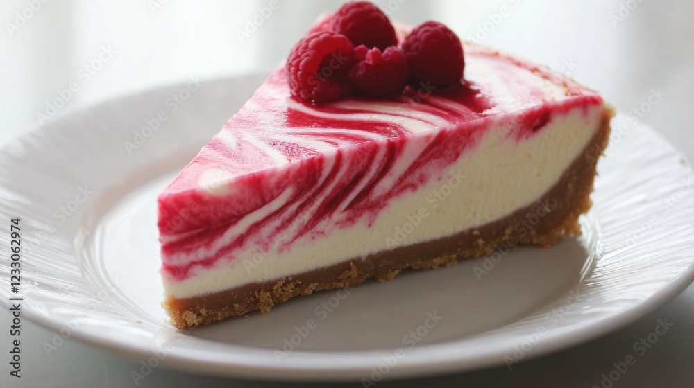 A slice of decadent cheesecake with a graham cracker crust and a raspberry swirl topping, placed on a plain white plate, Slice centered with a slightly angled view A slice of decadent cheesecake with a graham cracker crust and a raspberry swirl topping, placed on a plain white plate, Slice centered with a slightly angled view