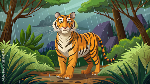 Indian tiger male with first rain, wild animal in the nature habitat, Ranthambore, India. Big cat, endangered animal.