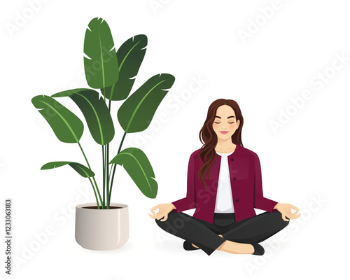 Young business woman doing yoga meditation near green pot plant in office. Isolated vector illustration