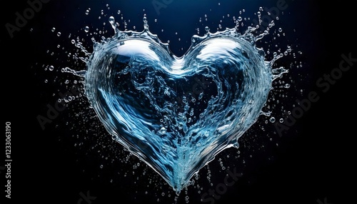 A heart entirely made of splashing water, transparent and beautifully shaped, with droplets