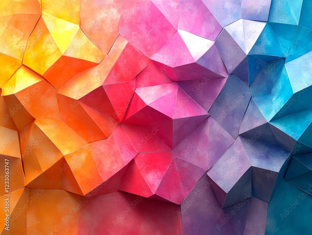 Fototapeta premium Abstract surface resembling folds or waves with bright gradient colors transitioning from blue and purple to pink, orange, and yellow.