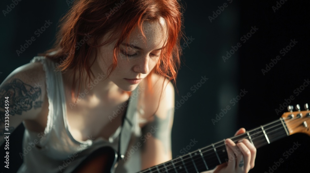 Obraz premium woman with red hair playing electric guitar