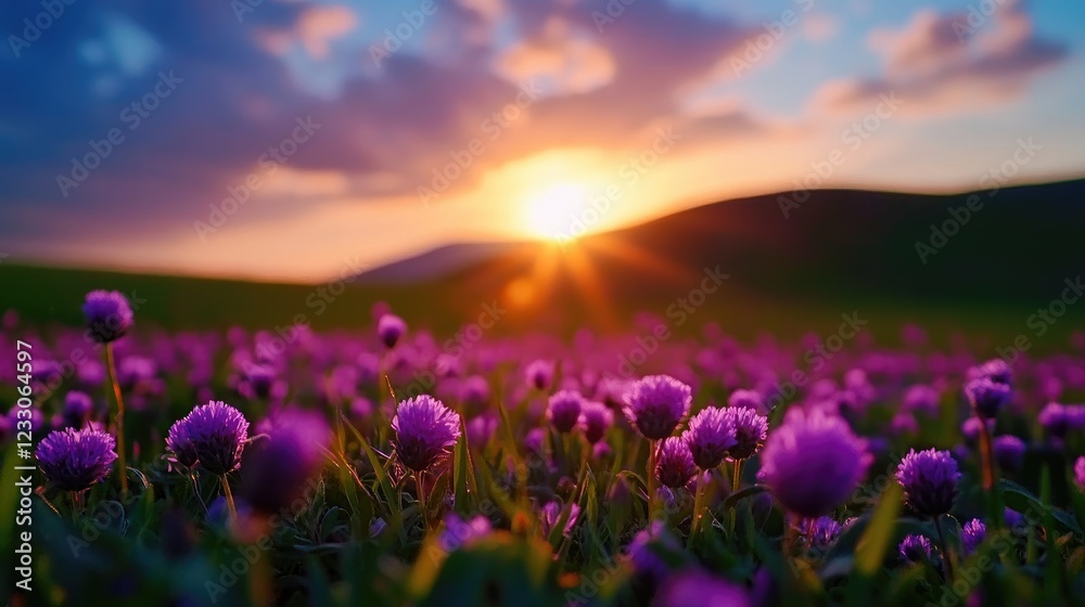 Naklejka premium Sunset over blooming purple flower field