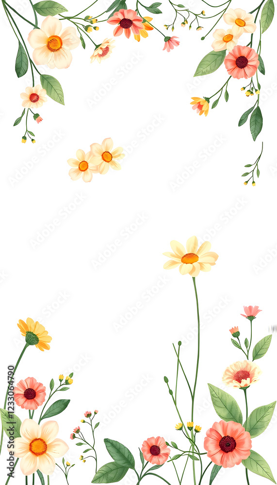 Abstract floral border with summer flowers and white background