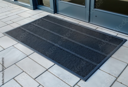 Industrial entrance mat placed on white tiled floor in front of blue door. Grey mat with metal frame prevents dirt, debris from entering. Modern design for commercial industrial building. Entryway