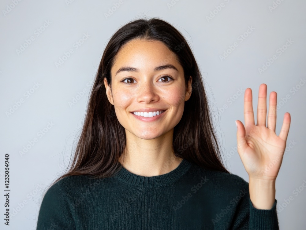 young woman with long brown hair smiles and waves young woman with long brown hair smiles and waves