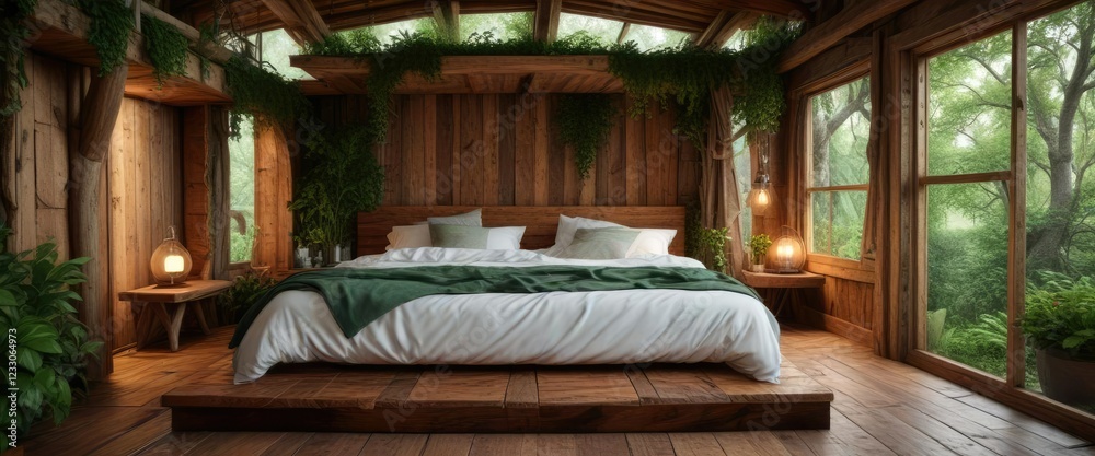 Fototapeta premium Cozy bed inside a treehouse made of reclaimed wood and living greenery , eco friendly, treehouse