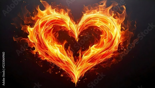 A heart made of realistic flames, glowing intensely with orange and yellow fire