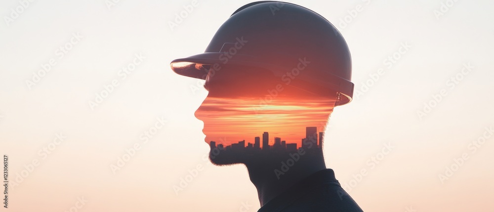 silhouette of construction worker with cityscape and sunset inside head silhouette of construction worker with cityscape and sunset inside head