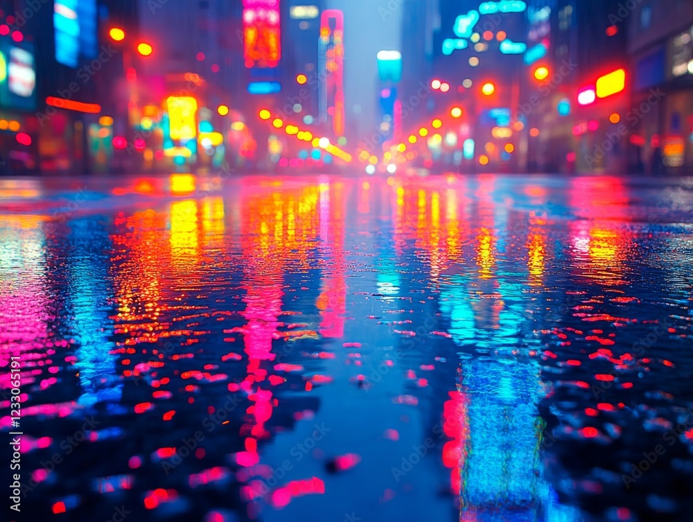 Naklejka premium futuristic urban street at night, illuminated by vibrant neon lights reflecting on the wet pavement, with blurred silhouettes of buildings and glowing signs in blue, red, pink, and orange hues